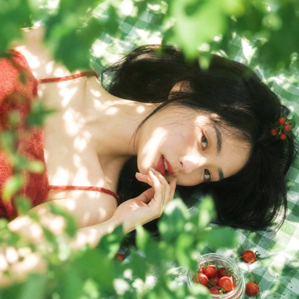A young woman with long black hair lies on a green and white checkered blanket outdoors, surrounded by green foliage and cherry tomatoes.