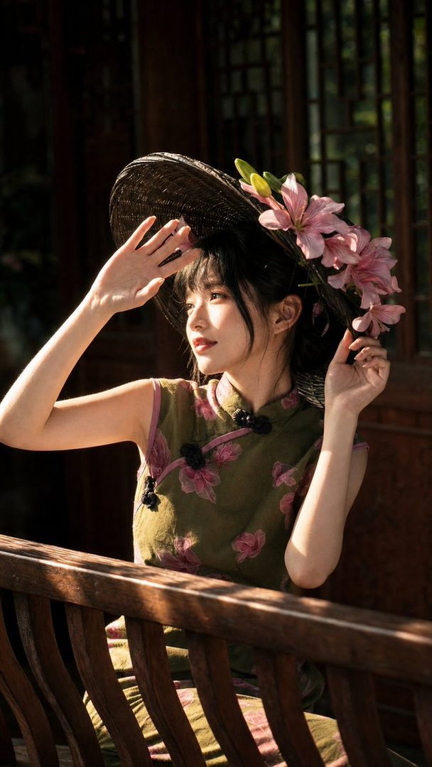 A beautiful East Asian woman in a traditional green floral dress and a straw hat with pink flowers, shielding her eyes from the sun.