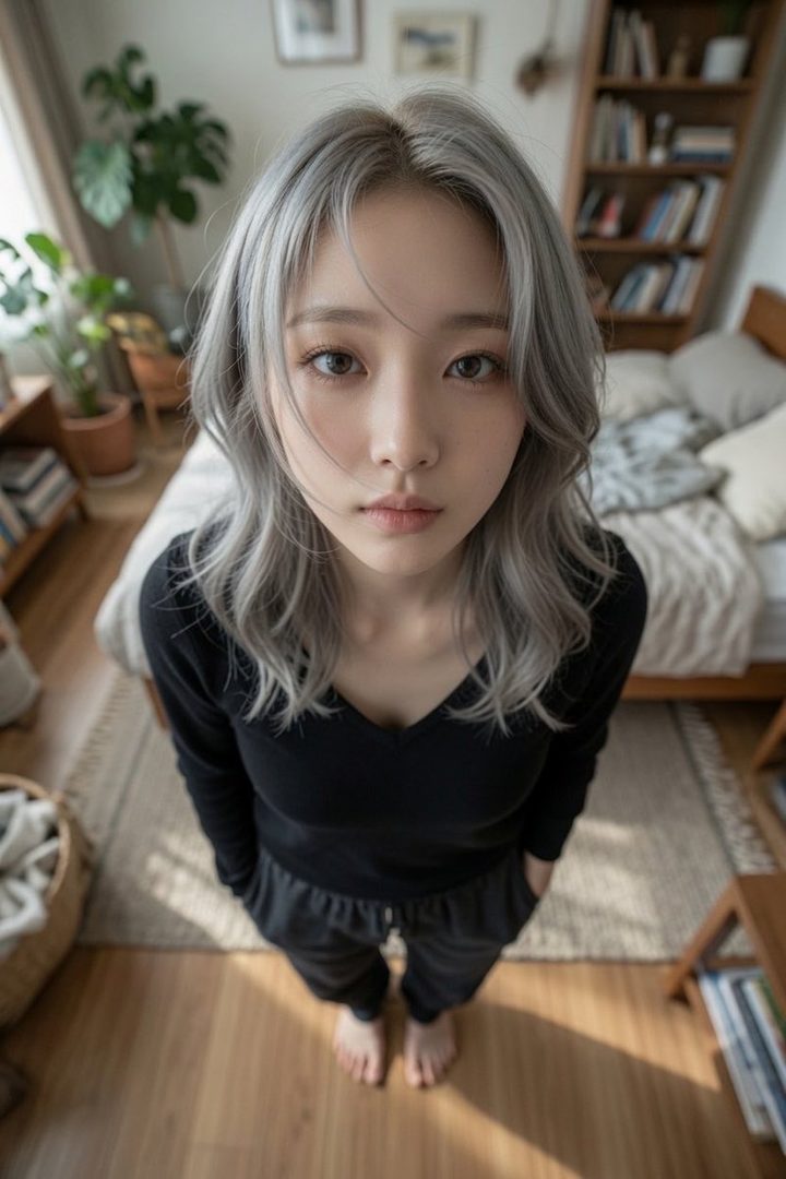 A young woman with silver wavy hair and dark casual clothes stands barefoot in a sunlit bedroom, looking up at the camera.