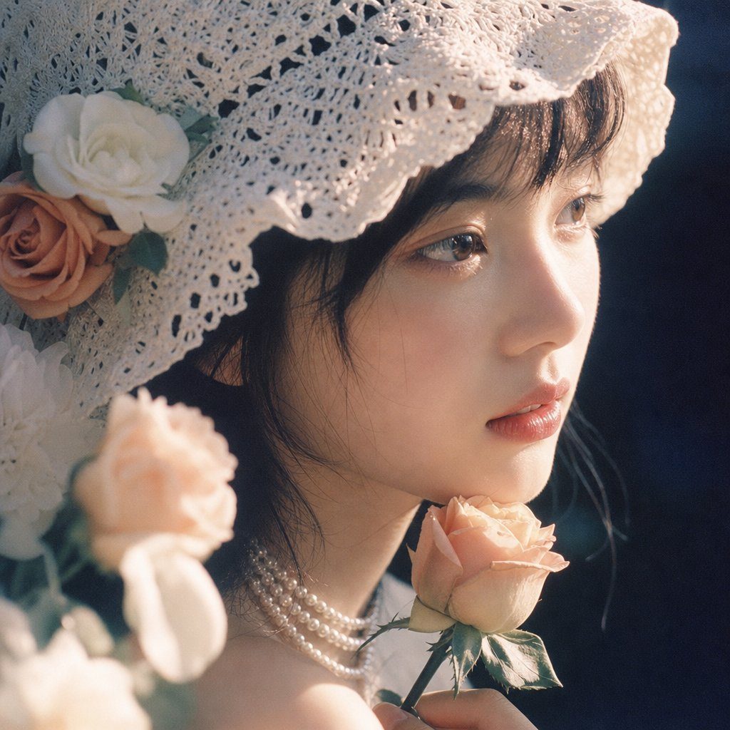 A beautiful woman with dark hair and bangs wears a white lace hat adorned with roses, holding a rose near her chin, with a dreamy expression.
