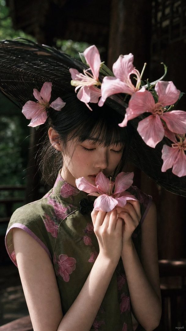 A young woman in a traditional green and pink floral dress holds a pink flower to her face, with more flowers adorning her dark hat.