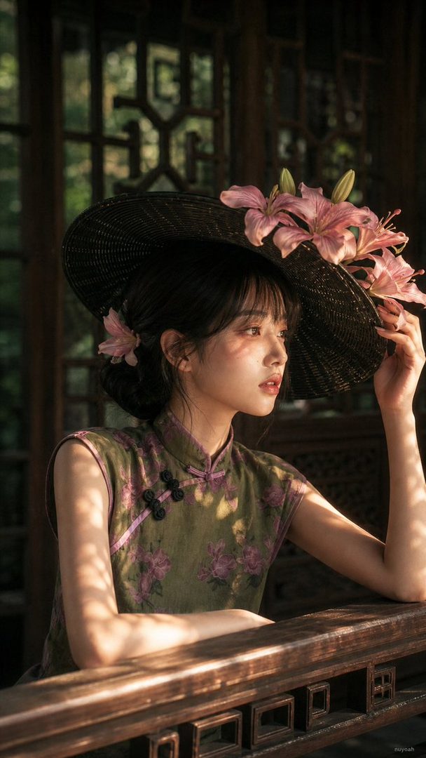 A beautiful East Asian woman in a traditional green floral dress and a wide-brimmed hat adorned with pink lilies, sitting indoors with dappled sunlight.