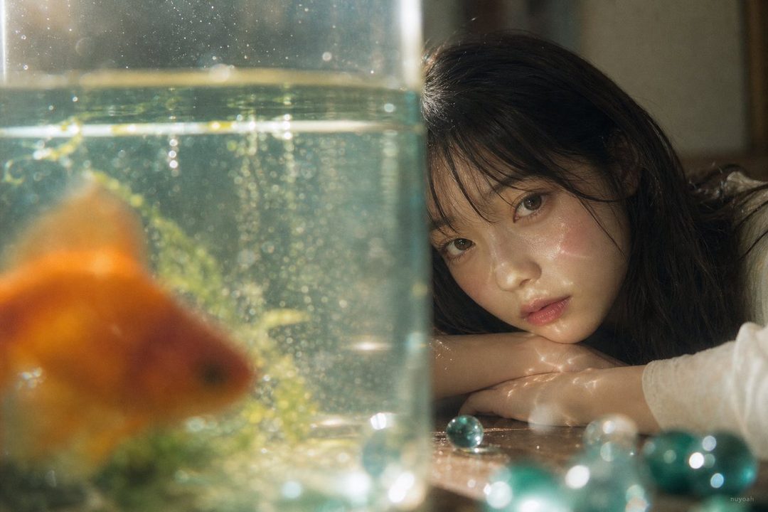A young woman with long black hair and bangs rests her head on her arms next to a fish tank with a goldfish, with light reflections on her face.