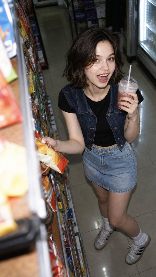 A young woman with short brown hair, wearing a denim vest and skirt, smiles while holding a drink and a bag of chips in a convenience store.