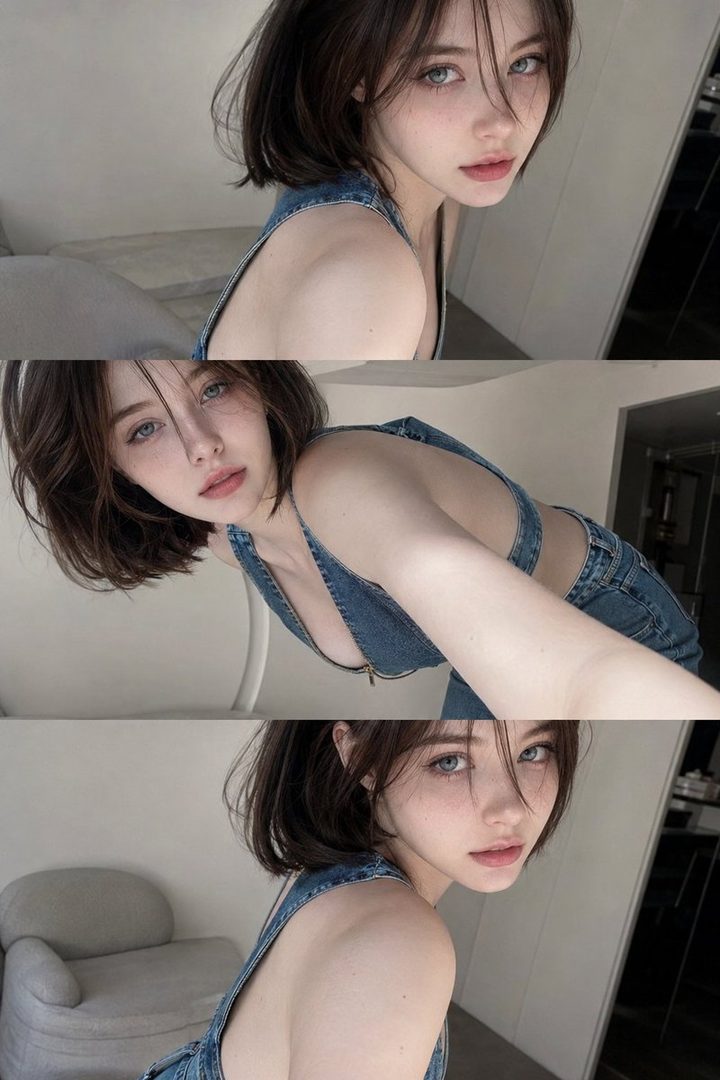 A photorealistic portrait of a woman with short brown hair and blue eyes, wearing a denim top, looking over her shoulder.