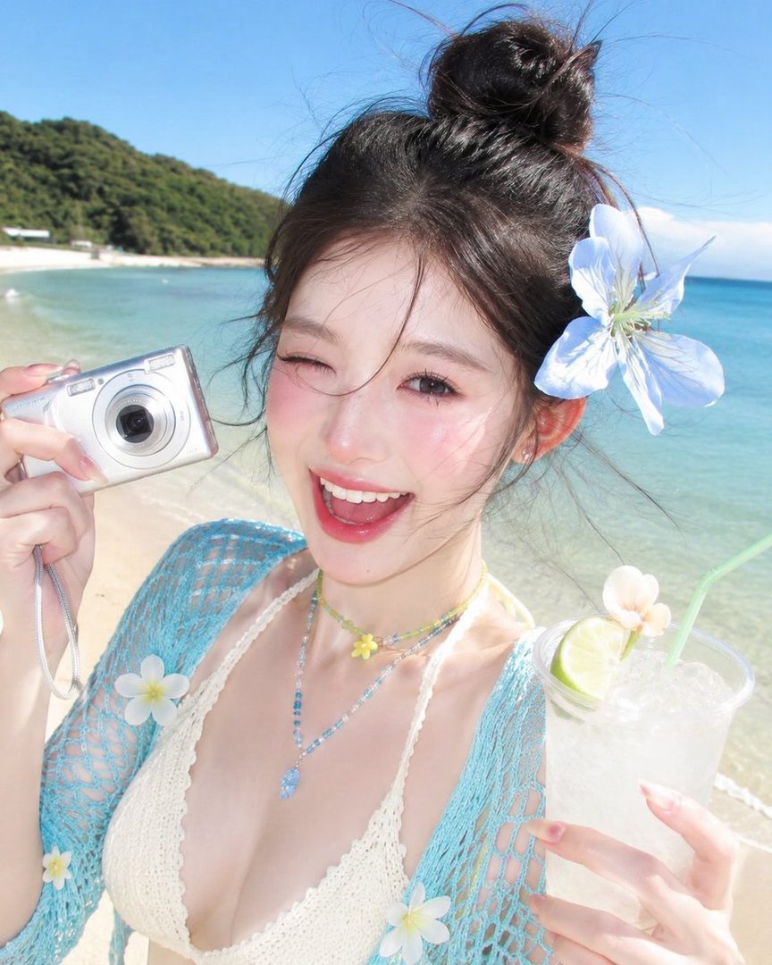 A cheerful woman in a white bikini top and blue cover-up winks at the camera while holding a digital camera and a drink on a sunny beach.