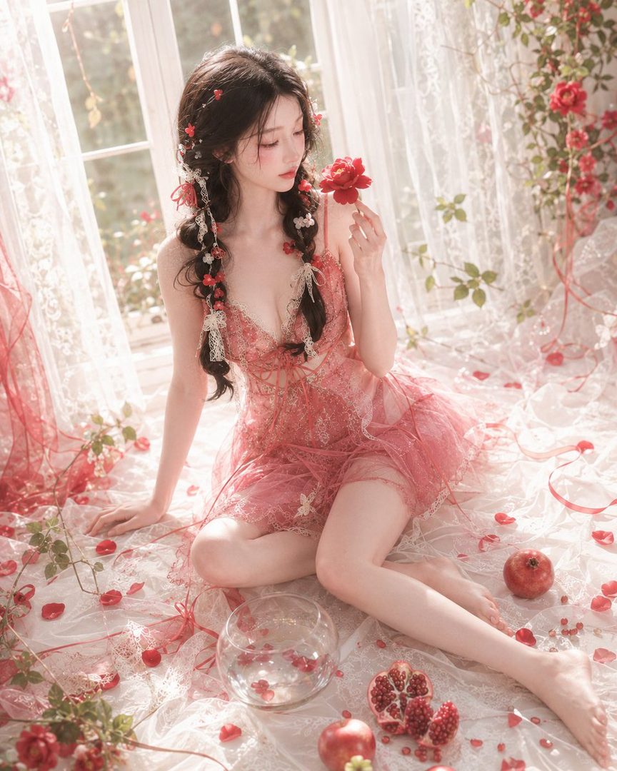 A woman with long dark braided hair adorned with red flowers and ribbons, wearing a sheer red lace dress, sitting on a white lace fabric with red rose petals and pomegranates around her, in a sunlit room with a window.
