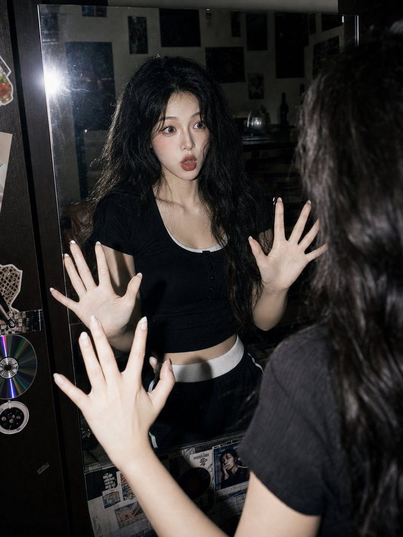 A young woman with long black hair makes a surprised face in a mirror, touching the glass with both hands.