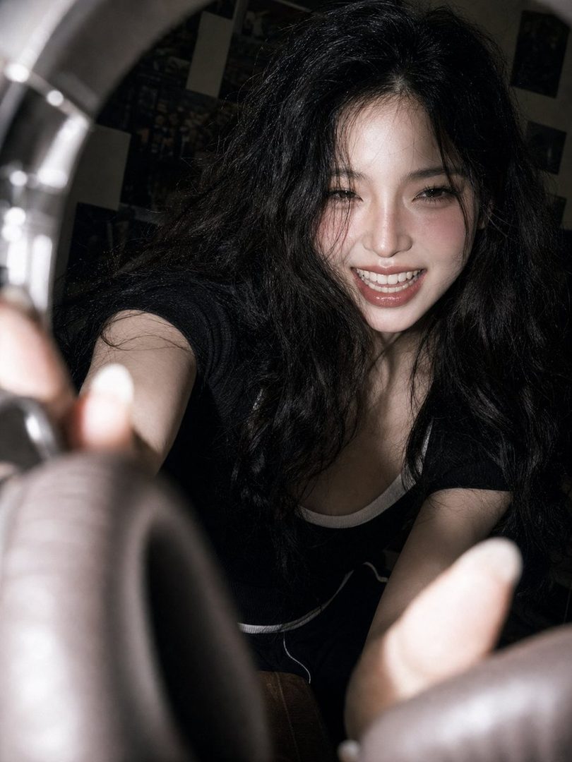 A smiling woman with long black hair and a black top holds headphones close to the camera in a dark room.