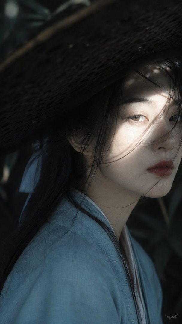 A serene East Asian woman in traditional blue attire and a straw hat, with sunlight dappling her face and hair.