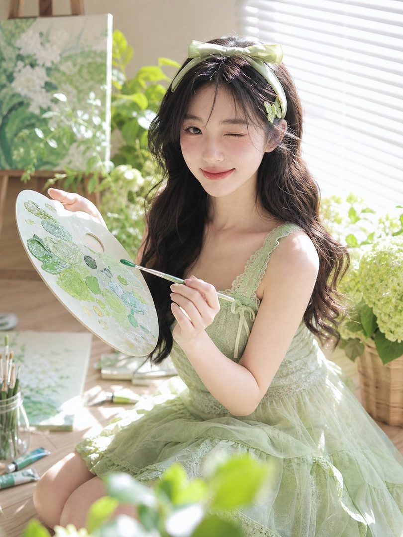 A young woman with long dark hair and a green dress winks at the camera while holding a painter's palette and brush, surrounded by plants and an easel.
