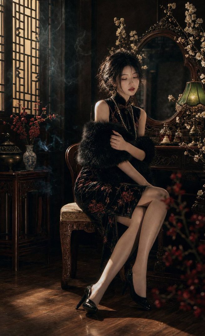 A woman in a traditional Chinese dress with a fur stole sits elegantly in a dimly lit room with ornate decor.