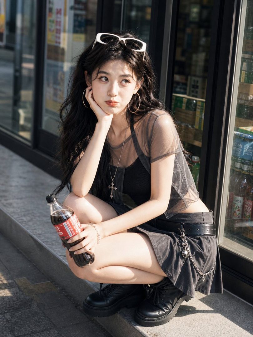 A young woman with long black hair, wearing a black sheer top and skirt, squats on a city street holding a soda bottle.