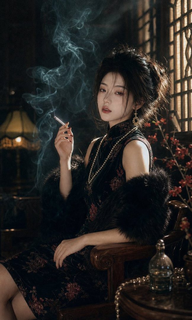 A woman in a traditional Chinese dress with a fur stole sits indoors, holding a lit cigarette with smoke curling upwards.
