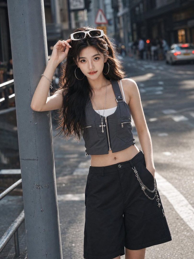 A young woman with long black hair and sunglasses on her head poses on a city street, wearing a grey crop top and black shorts with a chain.