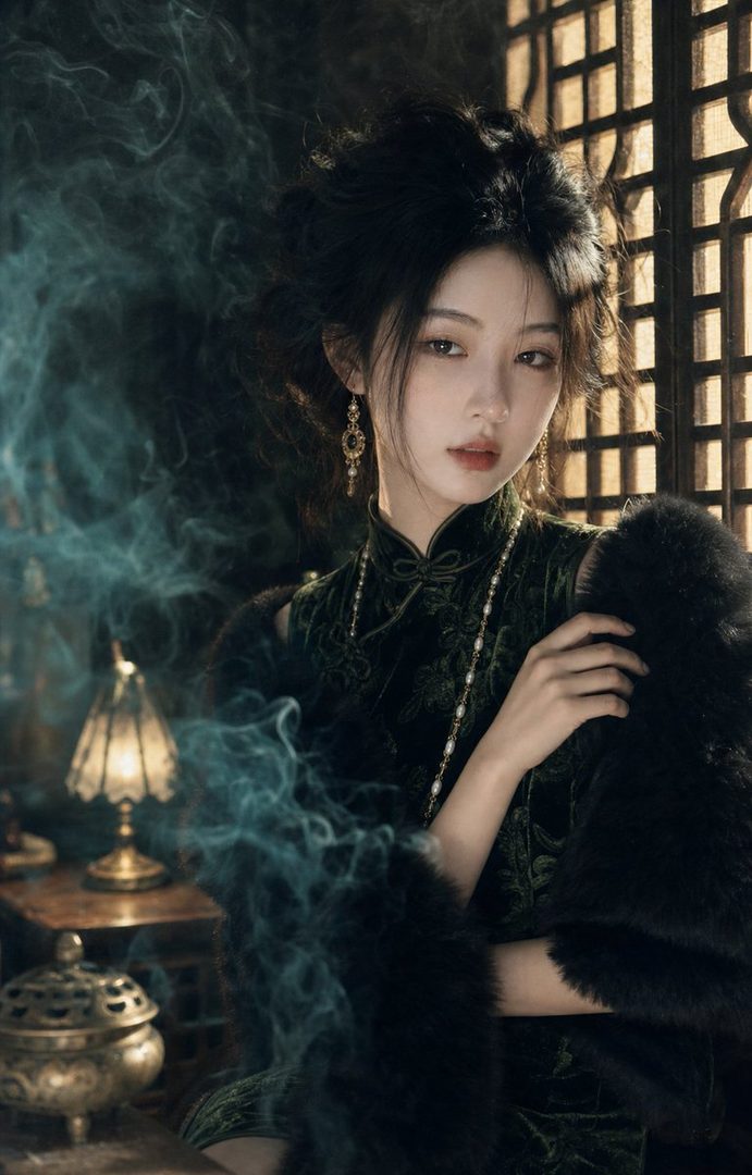 A beautiful woman with dark hair and a green dress poses elegantly indoors with a smoky effect.