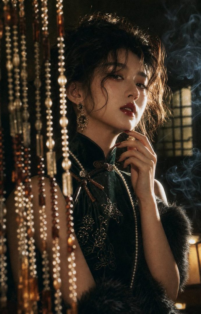 A woman in a dark green cheongsam with fur trim and pearl necklace, posing elegantly in a dimly lit room with beaded curtains and smoke.