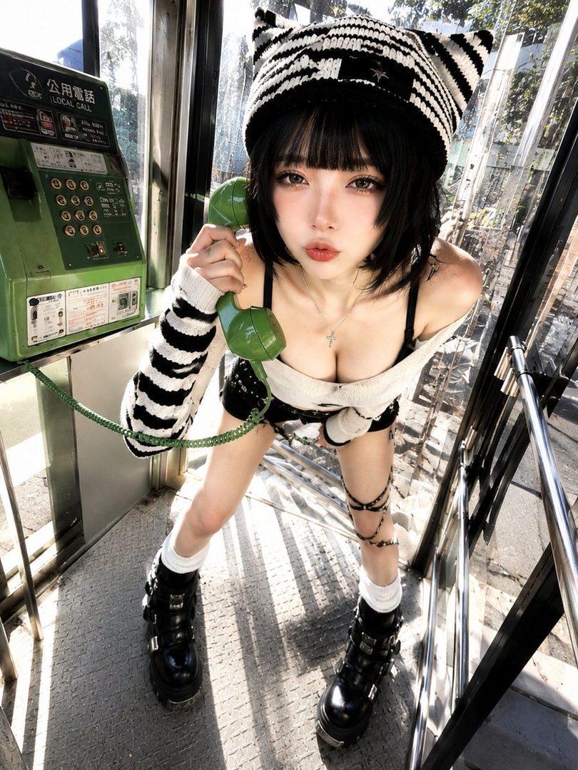 A young woman with black hair and a striped cat-ear beanie holds a green telephone receiver in a phone booth, looking playfully at the camera.