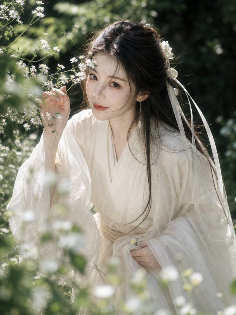 A beautiful woman with long dark hair and a white dress poses among white flowers in a garden.