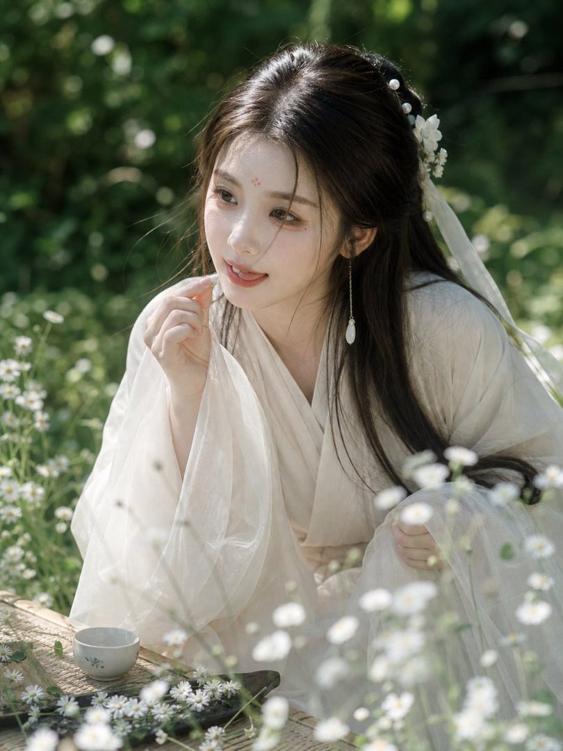 A beautiful East Asian woman in traditional white attire sits in a lush garden surrounded by white flowers, looking serene.