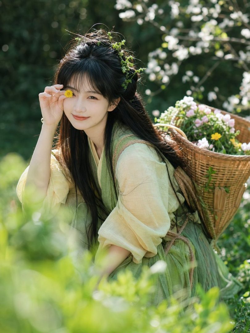A young woman in traditional East Asian attire holds a small yellow flower to her eye, smiling playfully in a lush green outdoor setting.