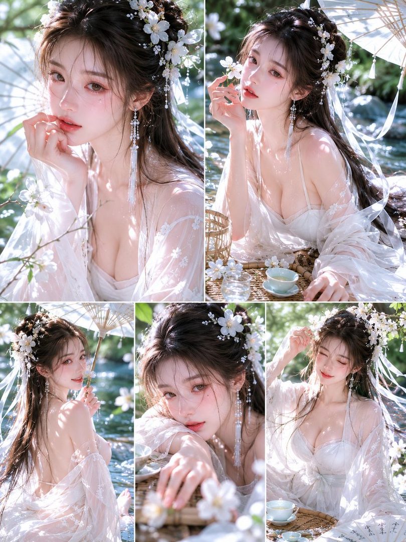 A beautiful East Asian woman with long brown hair and a white dress poses outdoors with flowers and an umbrella, creating a dreamy aesthetic.