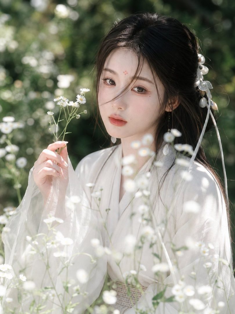 A beautiful East Asian woman in a white traditional outfit holds small white flowers in a sunlit garden.