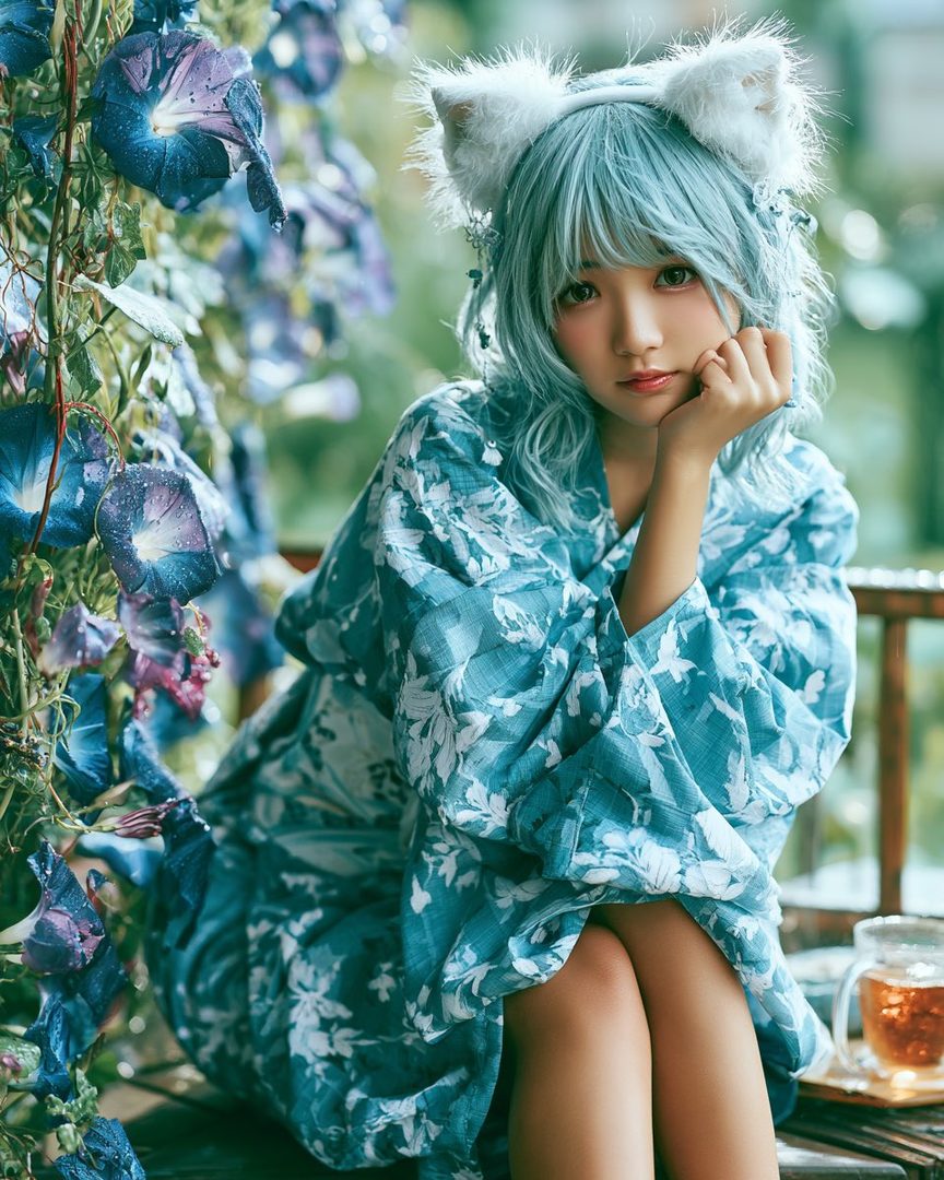 A young woman with blue hair and cat ears wears a yukata while sitting outdoors surrounded by morning glory flowers.