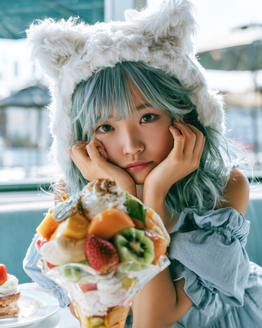 A cute girl with blue hair and a fluffy white hat poses with a large fruit parfait indoors.