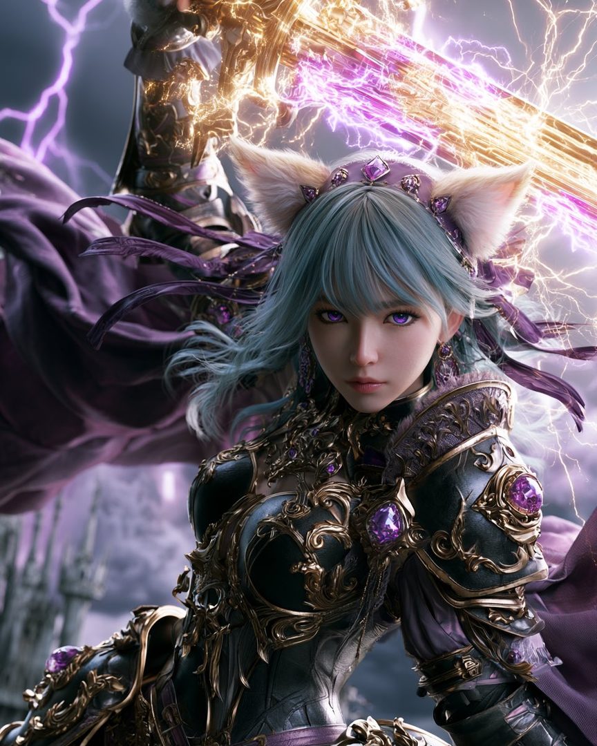 A fantasy portrait of a woman with light blue hair and cat ears, wearing ornate purple and gold armor, with lightning in the background.