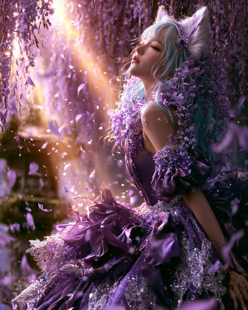 A fantasy portrait of a woman with blue hair and cat ears, wearing a purple dress, surrounded by falling purple petals and wisteria.