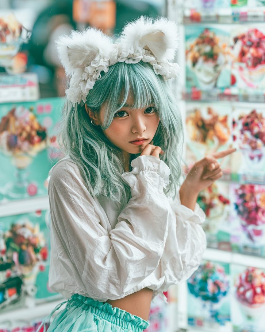 A young woman with light blue hair and cat ears headband points to a display of colorful parfaits.
