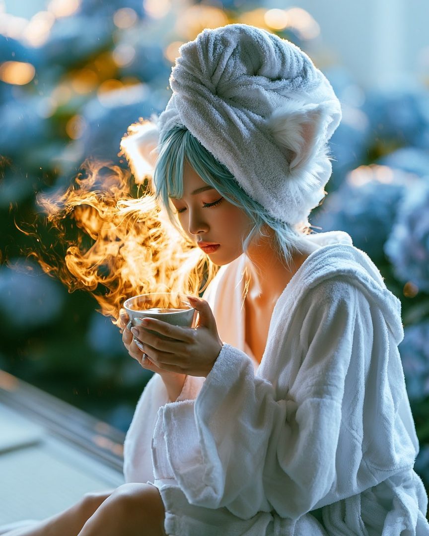 A woman with blue hair and a towel wrapped around her head, wearing a white robe, holds a cup with steam rising from it.