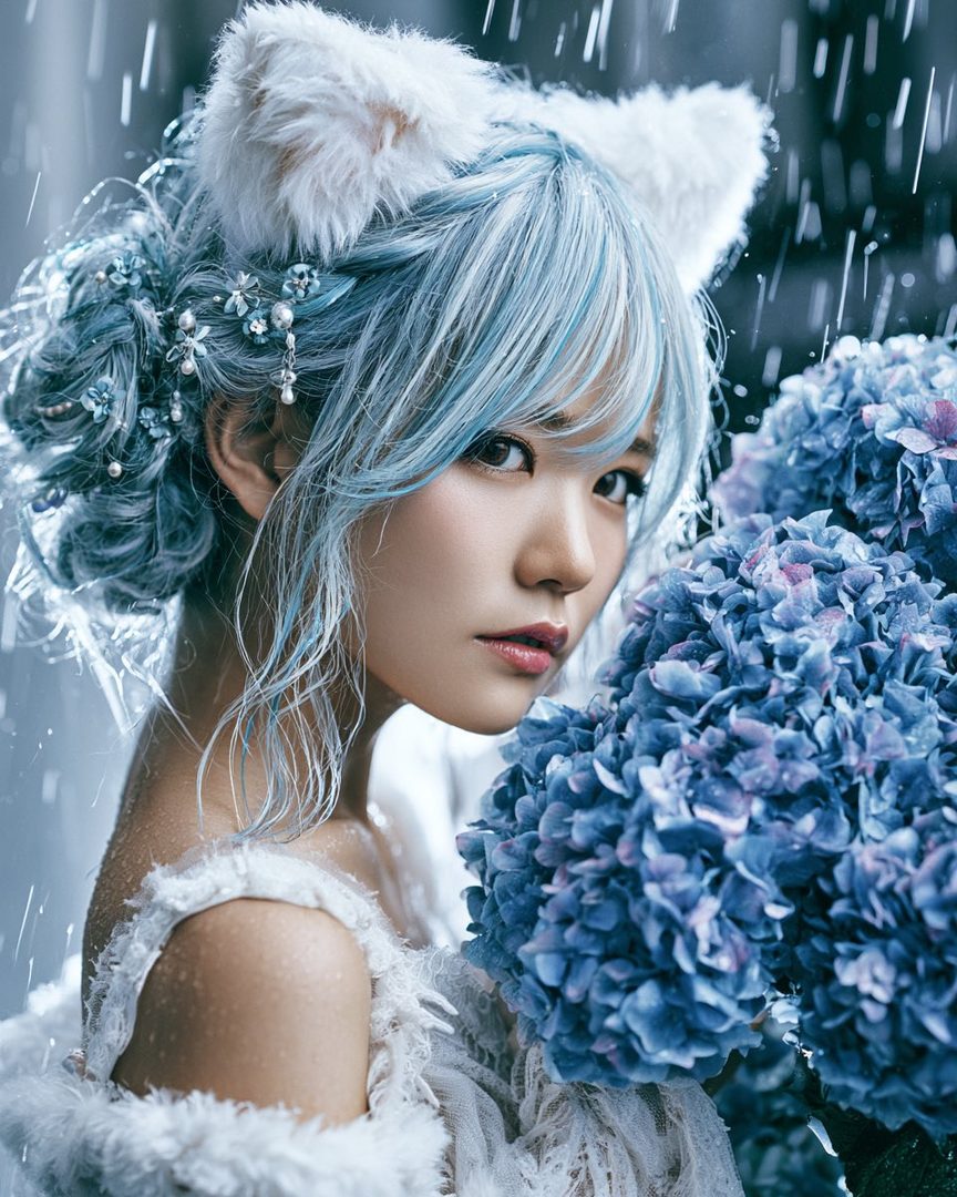 A woman with light blue hair and cat ears, adorned with floral hair accessories, poses with blue hydrangeas in a rainy setting.