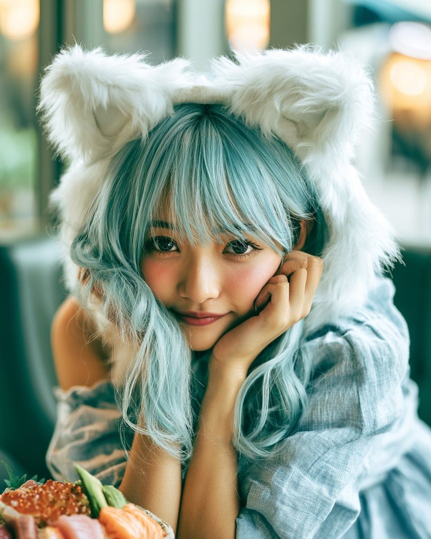 A cute woman with blue curly hair and cat ears smiles while posing with a bowl of chirashi sushi.