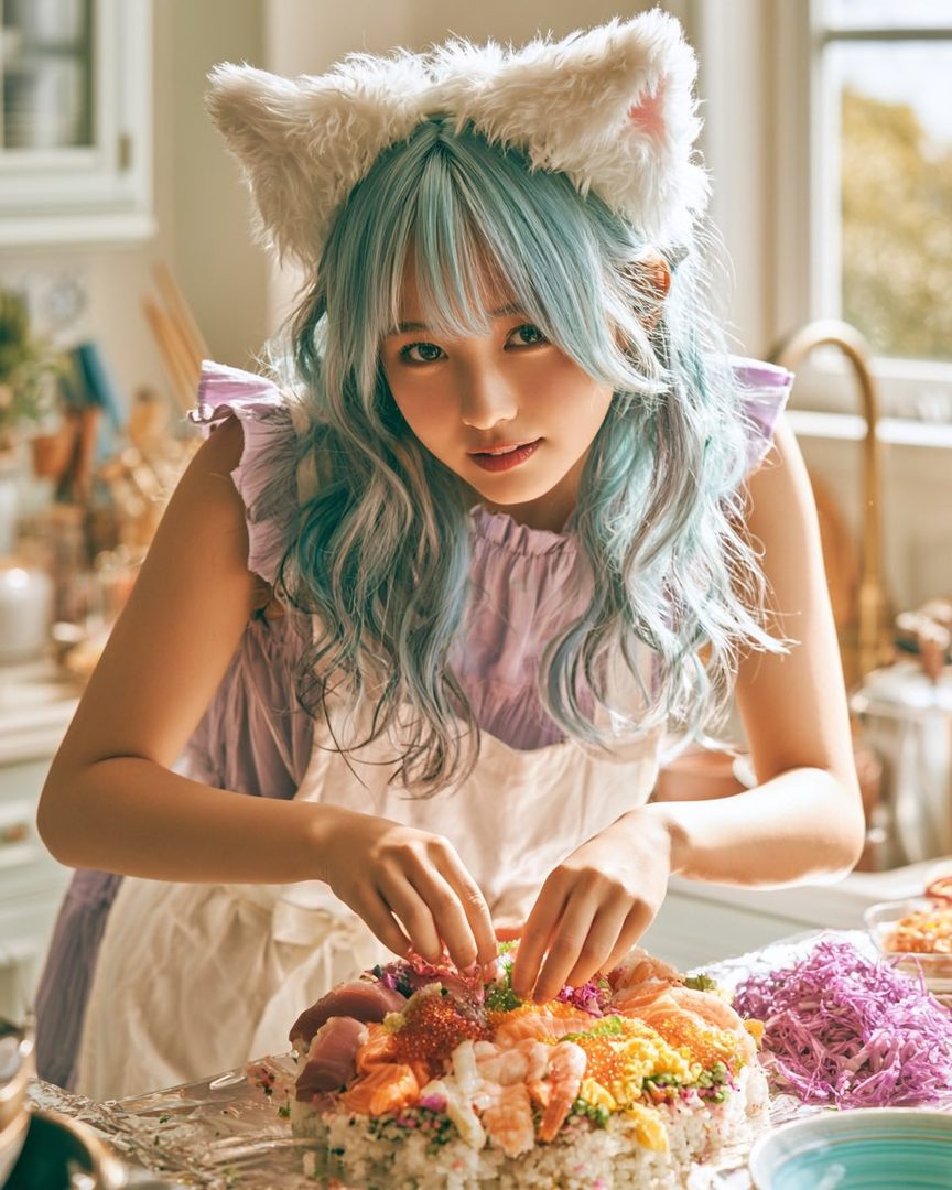 A young woman with light blue hair and cat ears headband is preparing chirashi sushi in a bright kitchen.