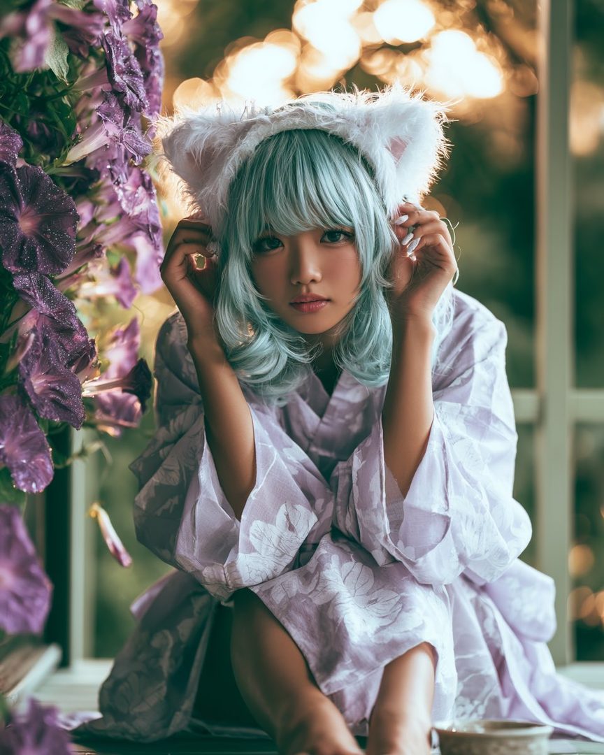 A young woman with light blue hair and cat ears wears a purple yukata while sitting outdoors next to purple flowers.