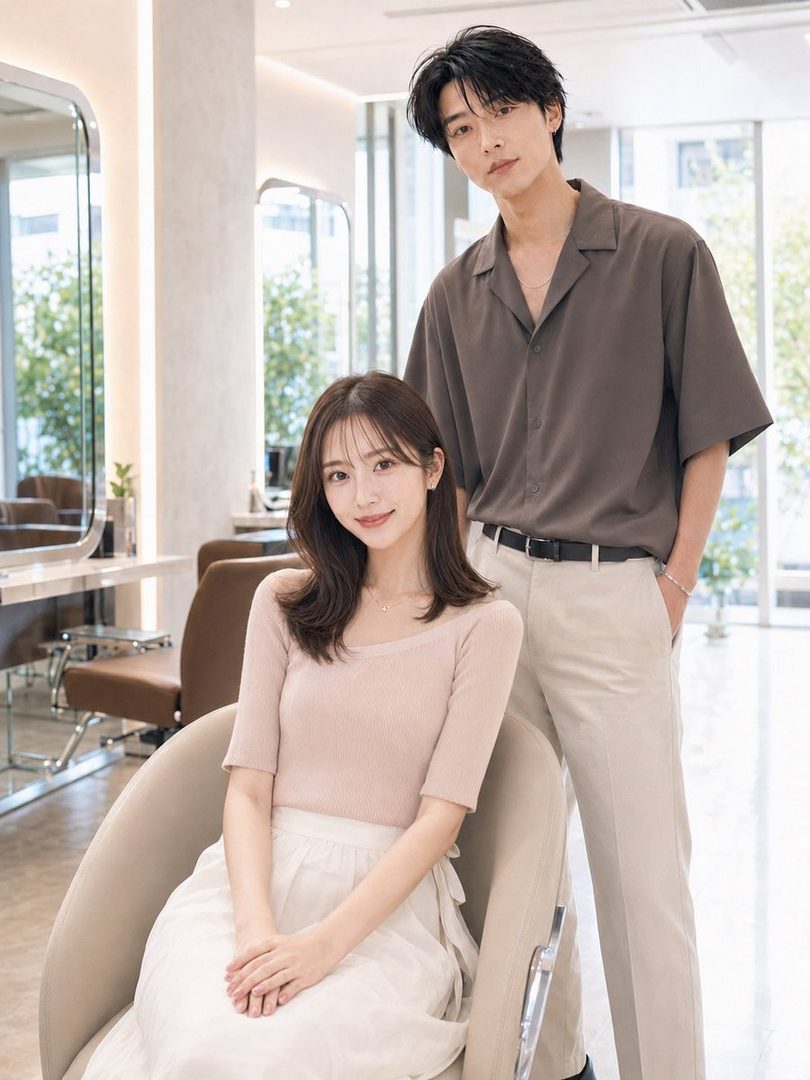 A young woman with dark brown hair wearing a pink knit top and white skirt sits in a chair, while a young man with dark hair wearing a brown short-sleeve shirt and beige pants stands behind her in a bright hair salon.