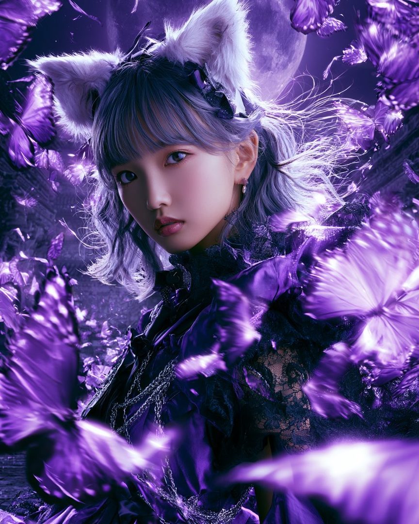 A woman with purple hair and cat ears is surrounded by purple butterflies in a gothic setting.
