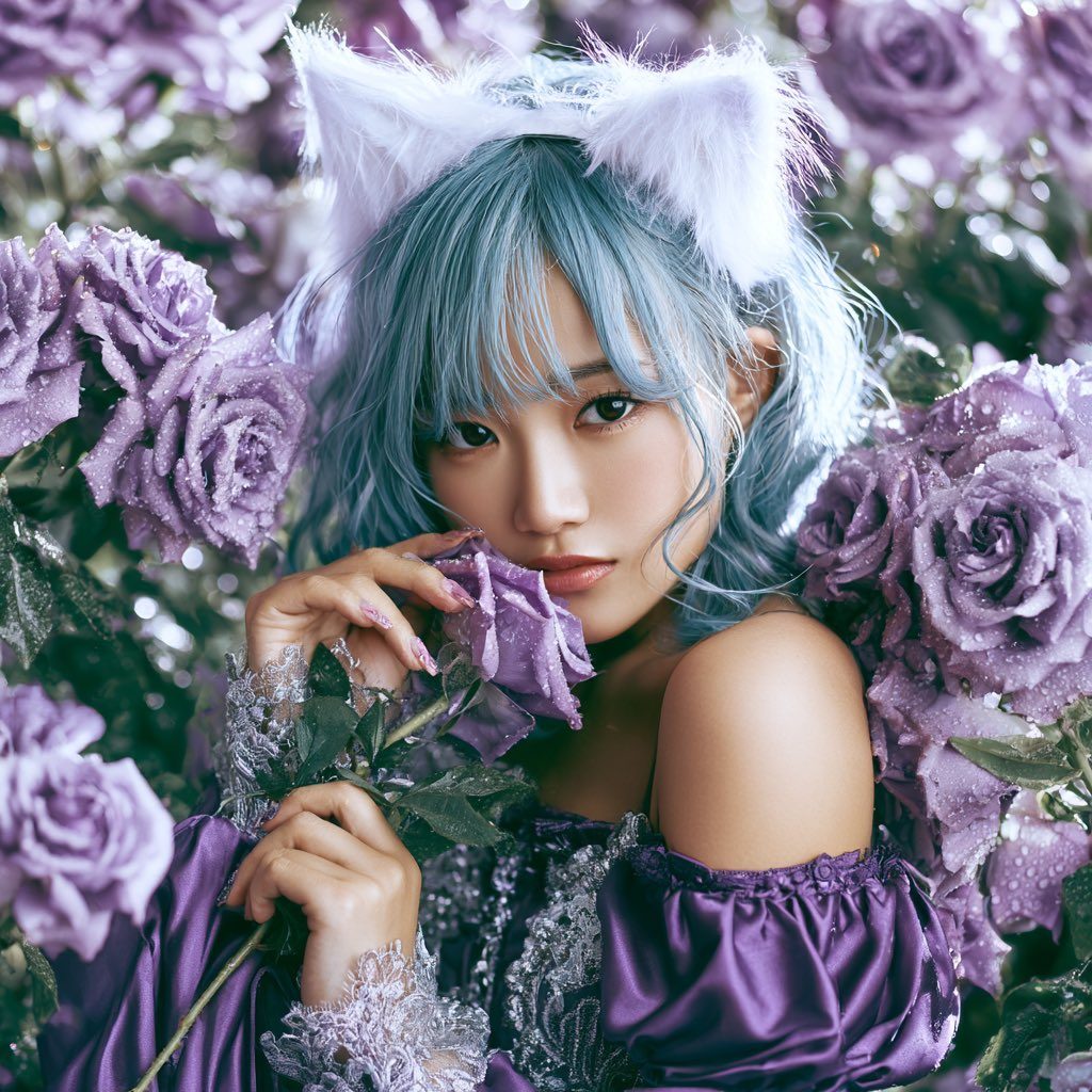 A woman with blue curly hair and cat ears wears a purple dress, holding a purple rose among many roses with water droplets.