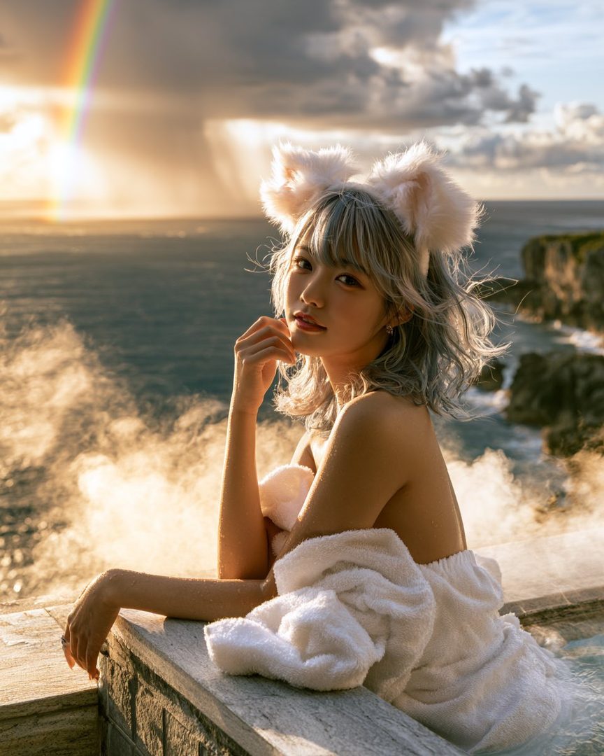 A woman with silver hair and cat ears is in an outdoor hot spring with a rainbow in the background during golden hour.