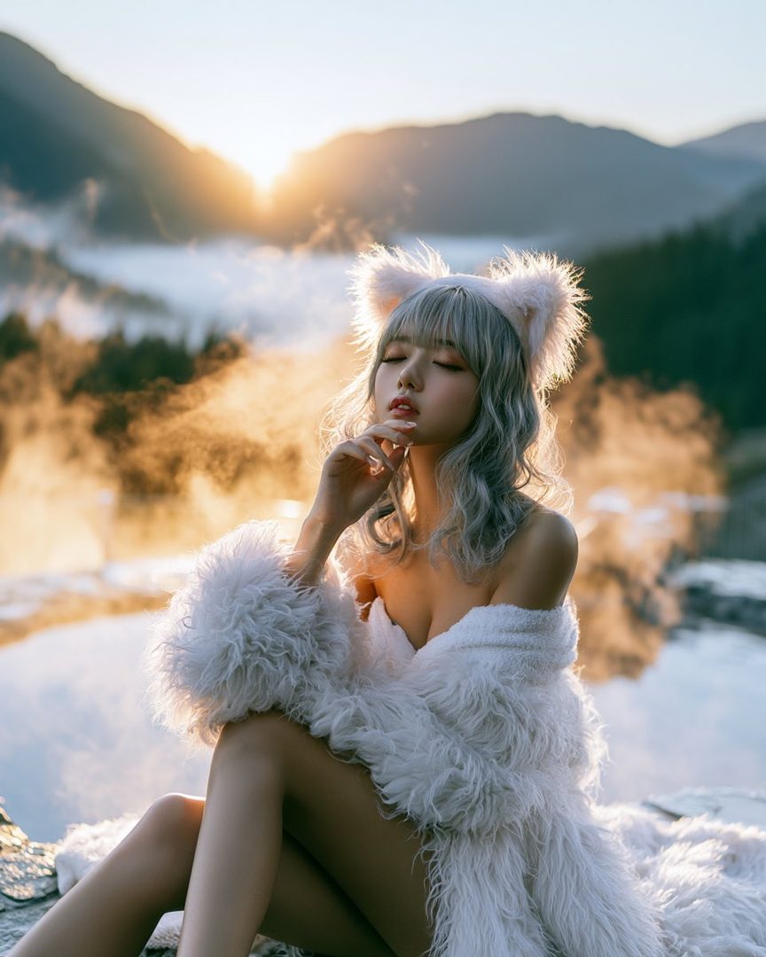 A woman with silver hair and cat ears sits outdoors in a fluffy white coat during golden hour, with mountains and mist in the background.