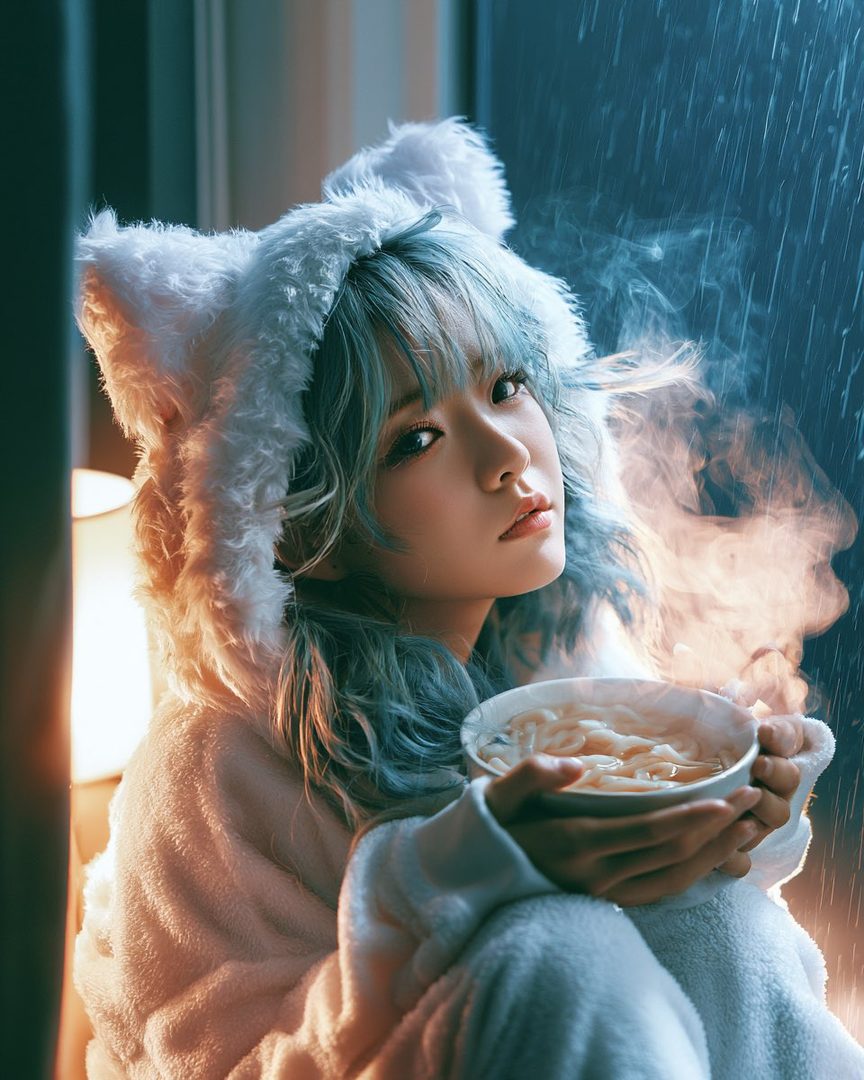 A woman with blue hair in a fluffy white hooded sweater holds a steaming bowl of udon noodles on a rainy night.