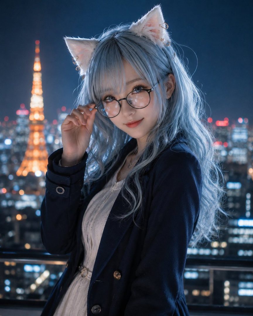 A woman with blue hair and cat ears wearing glasses and a dark coat poses against a city night view with a lit-up tower in the background.