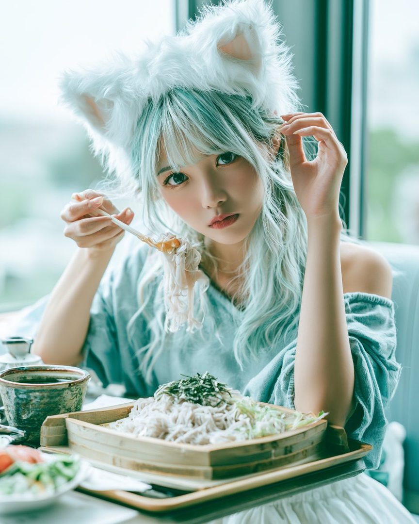 A cute girl with light blue hair and cat ears eats noodles at a table indoors.
