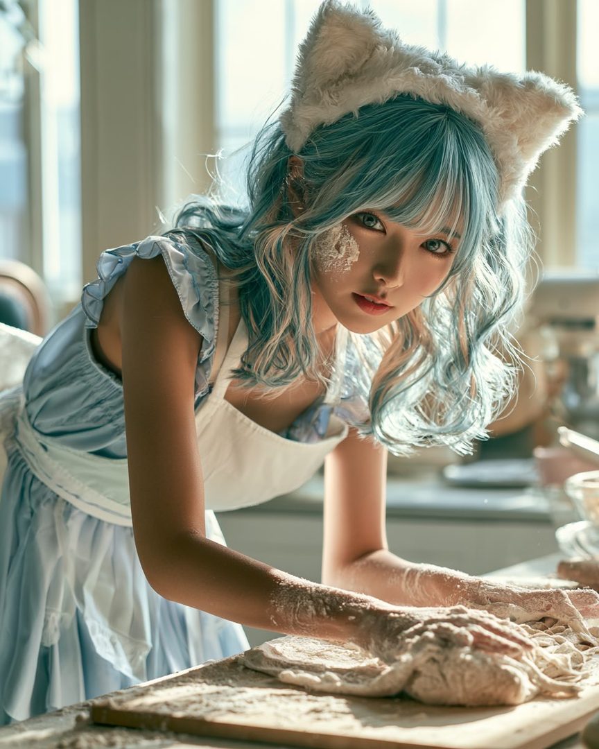 A cute girl with blue hair and cat ears is making dough in a kitchen, looking at the camera.