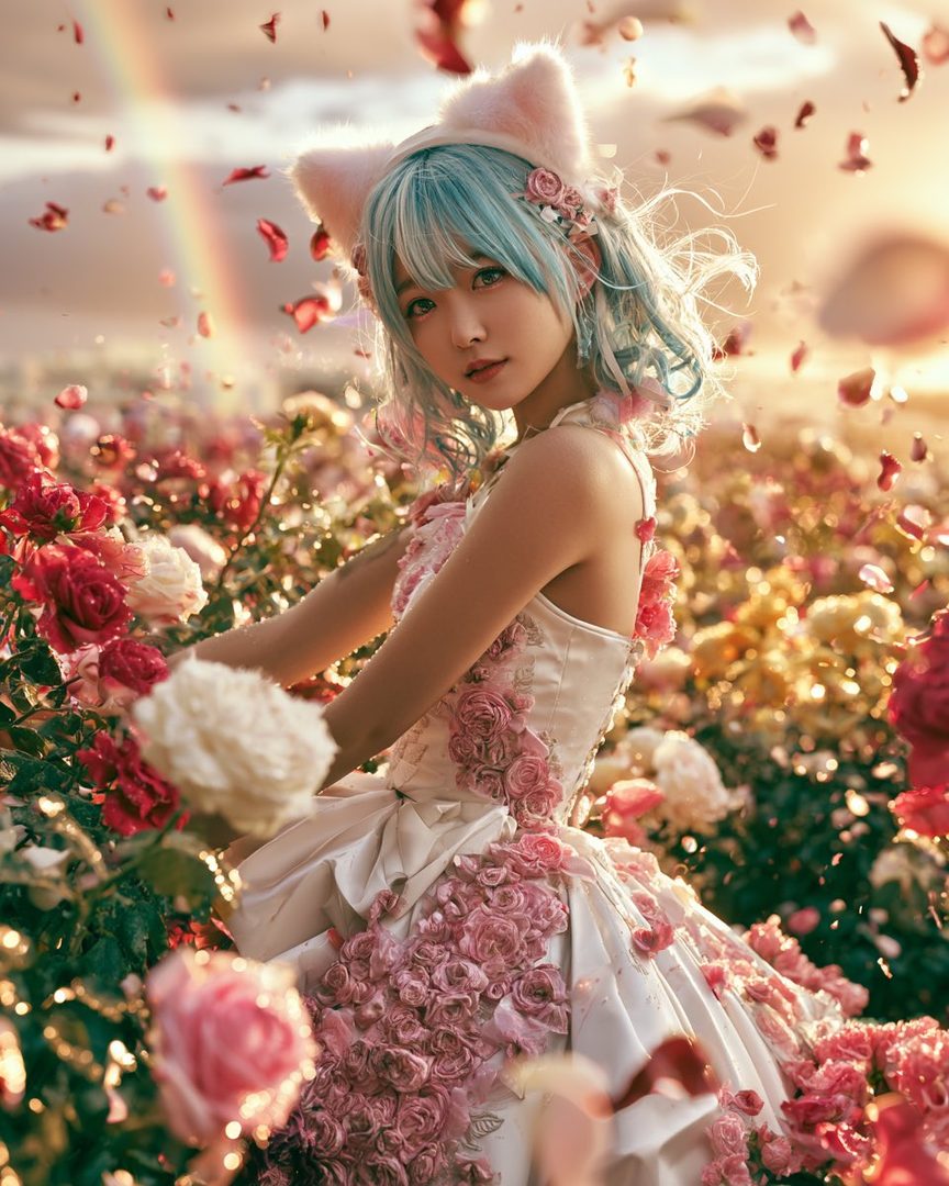 A woman with blue hair and cat ears wears a rose-adorned dress in a field of flowers at golden hour, with a rainbow in the background.
