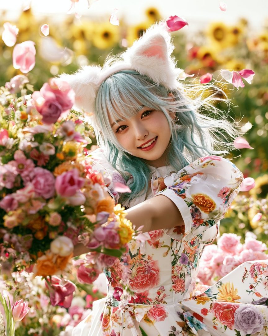 A cute girl with blue hair and cat ears smiles while holding a bouquet of flowers in a field of sunflowers and falling petals.