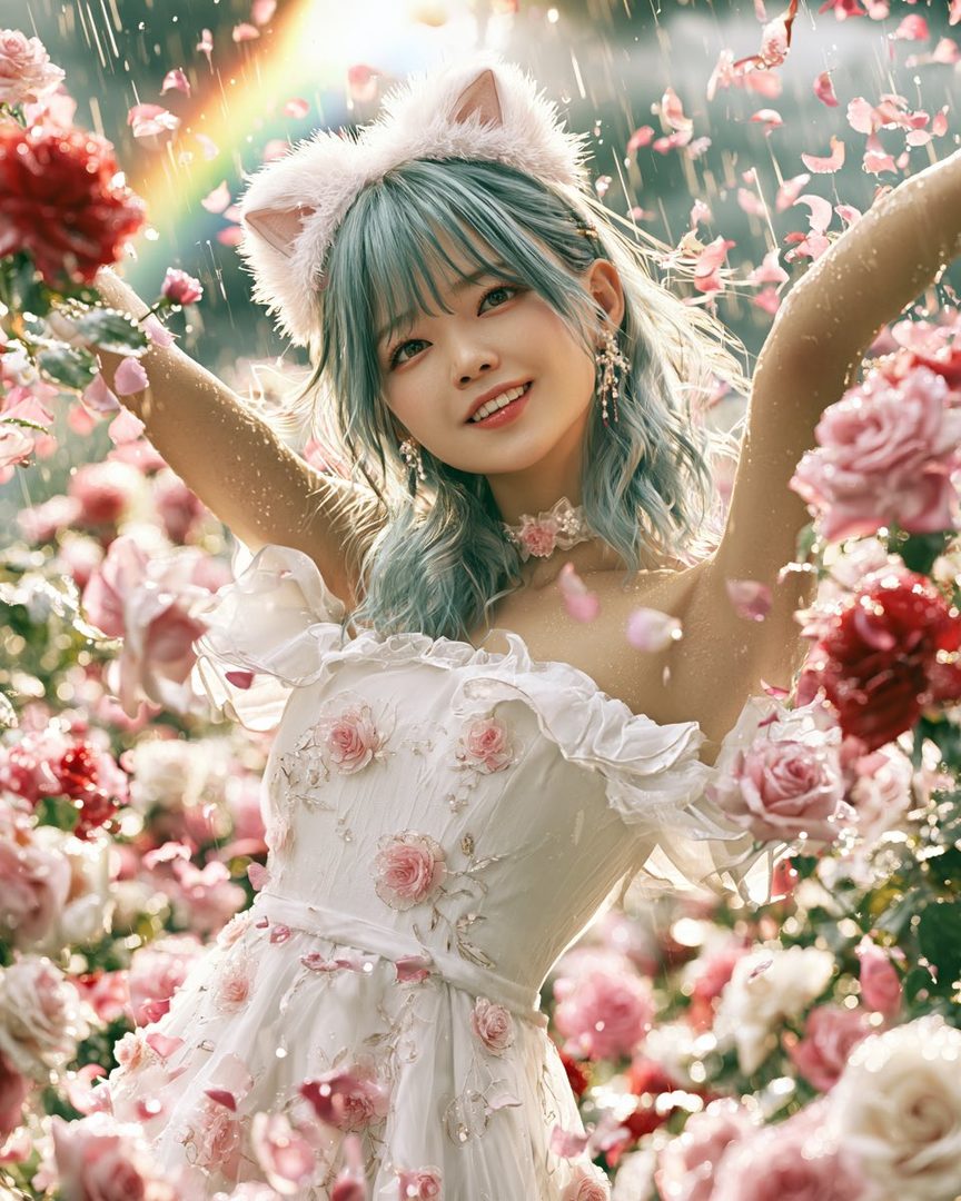 A cute girl with blue hair and cat ears smiles in a garden full of pink roses, wearing a white dress with floral embellishments.