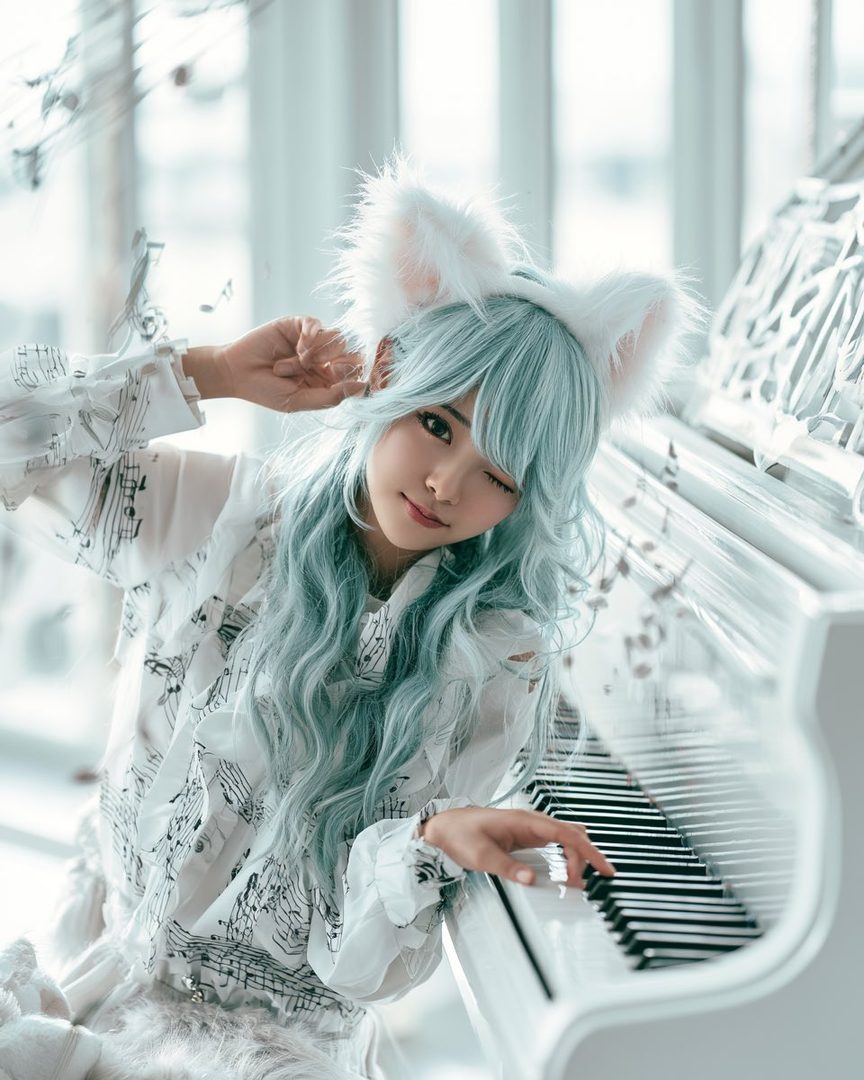 A cute girl with long blue hair and cat ears plays a white piano indoors, winking at the camera.